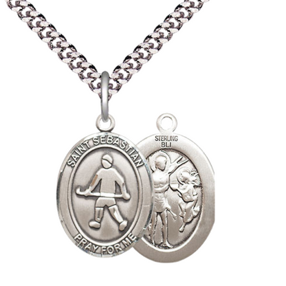 Medium Mens Oval .925 Sterling Silver Saint St. Sebastian Field Hockey Medal Pendant on 24 Inch Rhodium Plated Heavy Curb Brass Chain w/ Lobster Claw Clasp, Catholic Religious Necklace - Made in USA- Gift Boxed