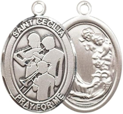 Everlasting Light Jewelry Medium Women's Pewter Saint St. Cecilia Marching Band Pendant Necklace on 18- inch Rhodium- Plated Lite Curb Brass Chain, Catholic Medal - Patron Saint. of Musicians & Singers – Gift Box