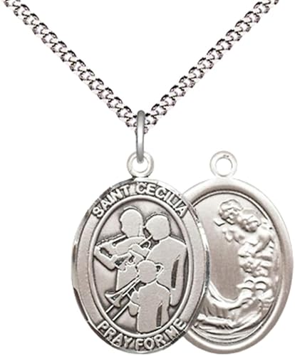 Everlasting Light Jewelry Medium Women's Pewter Saint St. Cecilia Marching Band Pendant Necklace on 18- inch Rhodium- Plated Lite Curb Brass Chain, Catholic Medal - Patron Saint. of Musicians & Singers – Gift Box
