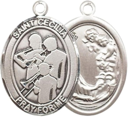 Mens Medium Oval Pewter Saint St. Cecilia Marching Band Medal Pendant on 24 Inch Rhodium Plated Heavy Curb Brass Chain w/ Lobster Claw Clasp, Catholic Religious Necklace - Made in USA- Velvet Gift Box