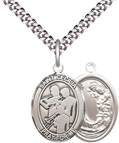 Medium Men's Pewter Saint St. Cecilia Marching Band Medal Pendant on 24 Inch Endless Rhodium Plated Heavy Curb Brass Chain, Catholic Religious Necklace - Made in USA- Deluxe Velvet Gift Box