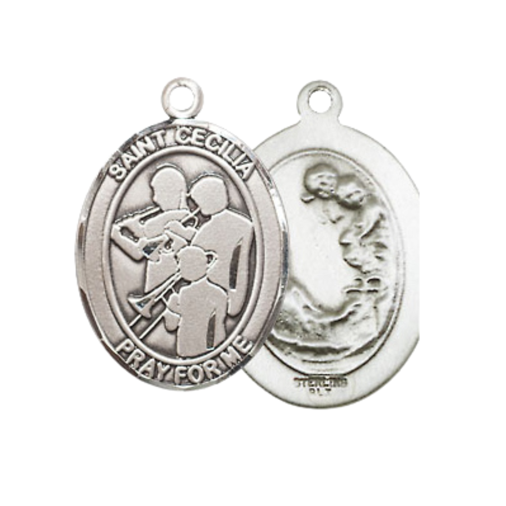 Medium Women's .925 Sterling Silver Saint St. Cecilia Marching Band Pendant Necklace on 18 Inch Rhodium Plated Lite Curb Brass Chain – Patron Saint St. of Musicians & Singers, Catholic Medal – Velvet Gift Box Included