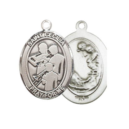 Medium Women's .925 Sterling Silver Saint St. Cecilia Marching Band Pendant Necklace on 18 Inch Rhodium Plated Lite Curb Brass Chain – Patron Saint St. of Musicians & Singers, Catholic Medal – Velvet Gift Box Included