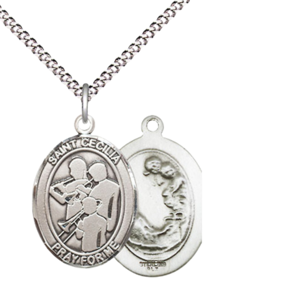 Medium Women's .925 Sterling Silver Saint St. Cecilia Marching Band Pendant Necklace on 18 Inch Rhodium Plated Lite Curb Brass Chain – Patron Saint St. of Musicians & Singers, Catholic Medal – Velvet Gift Box Included