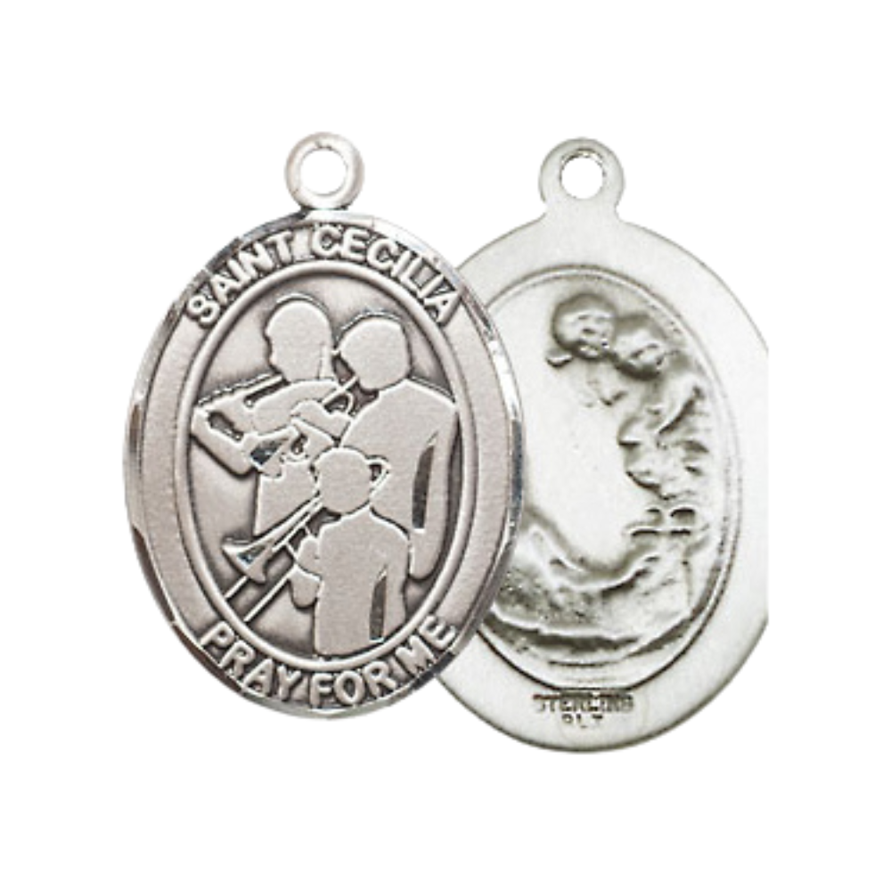 Medium Men's .925 Sterling Silver Saint Cecilia Marching Band Medal Pendant on 24 Inch Endless Rhodium Plated Heavy Curb Brass Chain, Catholic Religious Necklace -Made in USA- Deluxe Velvet Gift Box