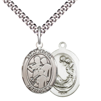 Medium Mens Oval Sterling Silver Saint Cecilia Marching Band Medal Pendant on 24" Rhodium Plated Heavy Curb Brass Chain w/ Lobster Claw Clasp,Catholic Religious Necklace -Made in USA-Gift Boxed
