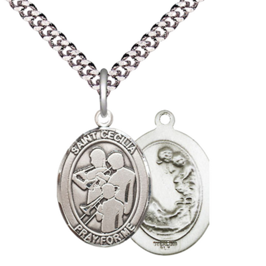 Medium Mens Oval Sterling Silver Saint Cecilia Marching Band Medal Pendant on 24" Rhodium Plated Heavy Curb Brass Chain w/ Lobster Claw Clasp,Catholic Religious Necklace -Made in USA-Gift Boxed