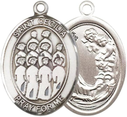 Everlasting Light Jewelry Medium Men's Pewter Saint St. Cecilia Choir Medal Pendant on 24 Inch Endless Rhodium Plated Heavy Curb Brass Chain, Catholic Religious Necklace - Made in USA- Deluxe Velvet Gift Box