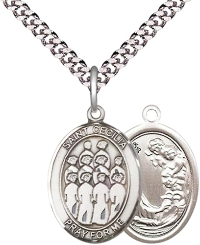 Everlasting Light Jewelry Medium Men's Pewter Saint St. Cecilia Choir Medal Pendant on 24 Inch Endless Rhodium Plated Heavy Curb Brass Chain, Catholic Religious Necklace - Made in USA- Deluxe Velvet Gift Box