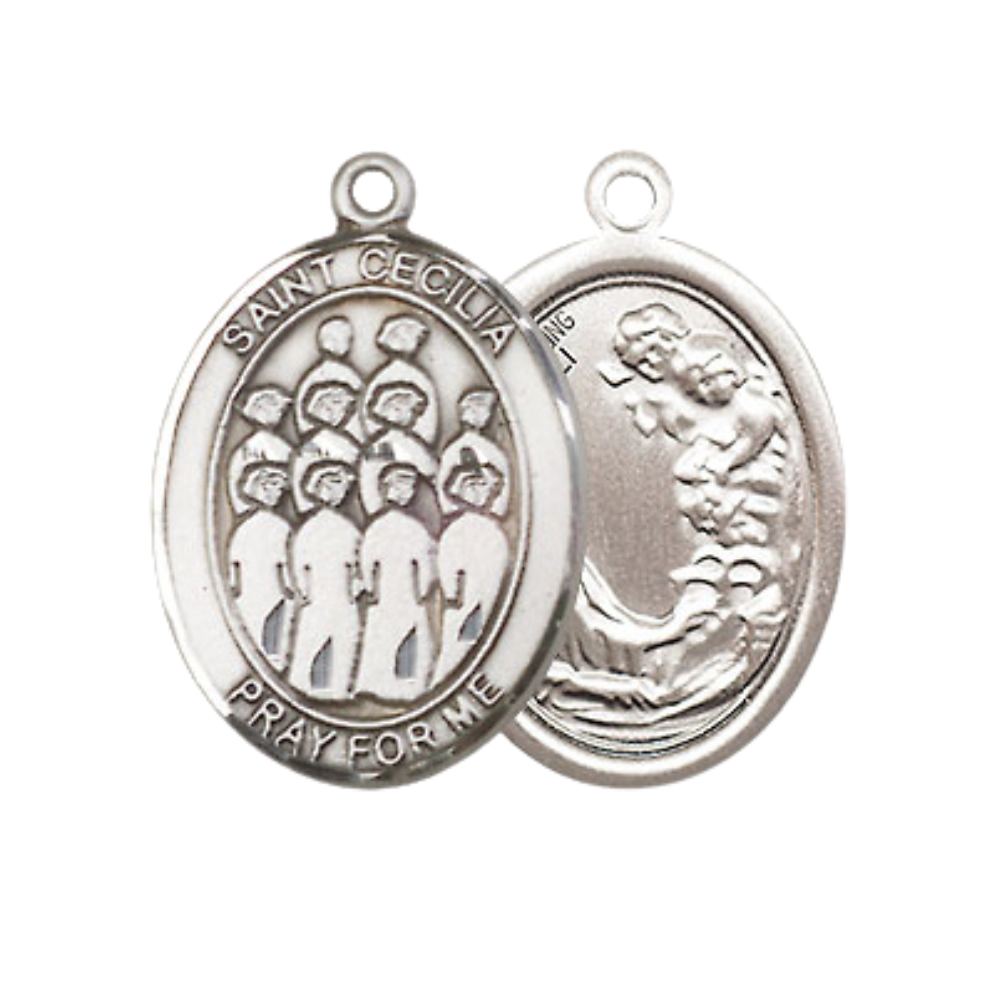 Everlasting Light Jewelry Medium Women's .925 Sterling Silver Saint St. Cecilia Choir Pendant Necklace on 18 Inch Rhodium Plated Lite Curb Brass Chain – Patron Saint St. of Musicians & Singers, Catholic Medal – Velvet Gift Box Included