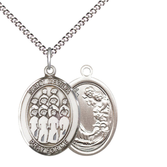 Everlasting Light Jewelry Medium Women's .925 Sterling Silver Saint St. Cecilia Choir Pendant Necklace on 18 Inch Rhodium Plated Lite Curb Brass Chain – Patron Saint St. of Musicians & Singers, Catholic Medal – Velvet Gift Box Included