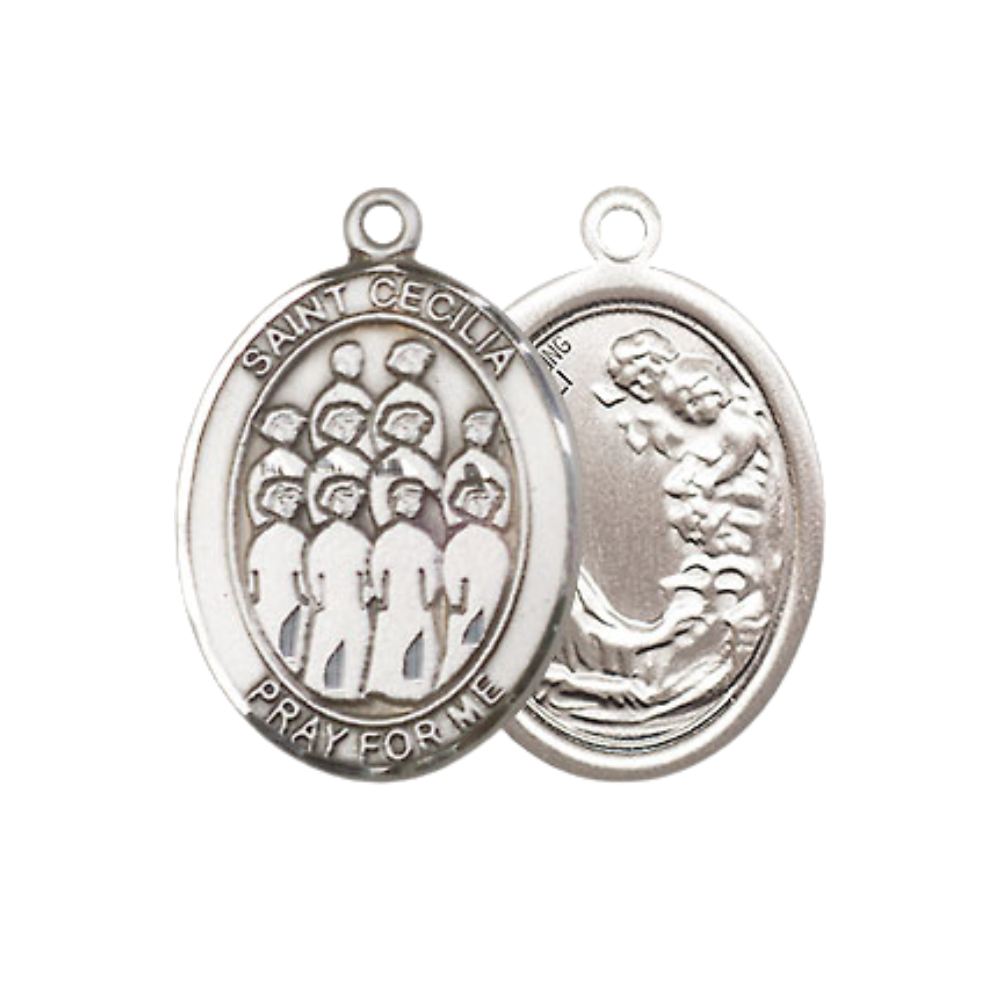 Medium Mens Oval .925 Sterling Silver Saint St. Cecilia Choir Medal Pendant on 24 Inch Rhodium Plated Heavy Curb Brass Chain w/ Lobster Claw Clasp, Catholic Religious Necklace - Made in USA- Velvet Gift Box
