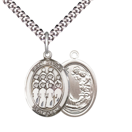 Medium Men's .925 Sterling Silver Saint Cecilia Choir Medal Pendant on 24 Inch Endless Rhodium Plated Heavy Curb Brass Chain, Catholic Religious Necklace -Made in USA- Deluxe Velvet Gift Box