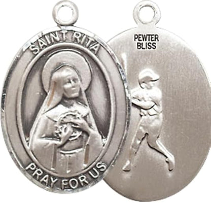 Everlasting Light Jewelry Medium Men's Pewter Saint St.Rita Baseball Medal Pendant on 24 Inch Endless Rhodium Plated Heavy Curb Brass Chain, Catholic Religious Necklace -Made in USA- Deluxe Velvet Gift Box