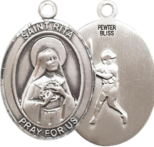 Everlasting Light Jewelry Medium Men's Pewter Saint St.Rita Baseball Medal Pendant on 24 Inch Endless Rhodium Plated Heavy Curb Brass Chain, Catholic Religious Necklace -Made in USA- Deluxe Velvet Gift Box