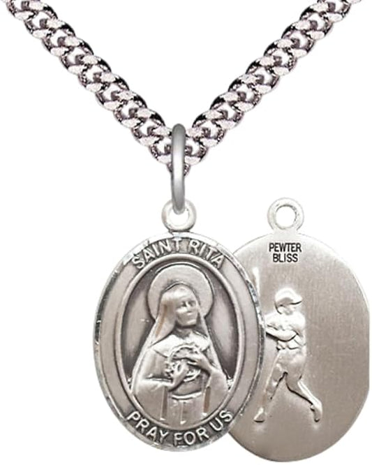 Everlasting Light Jewelry Medium Men's Pewter Saint St.Rita Baseball Medal Pendant on 24 Inch Endless Rhodium Plated Heavy Curb Brass Chain, Catholic Religious Necklace -Made in USA- Deluxe Velvet Gift Box