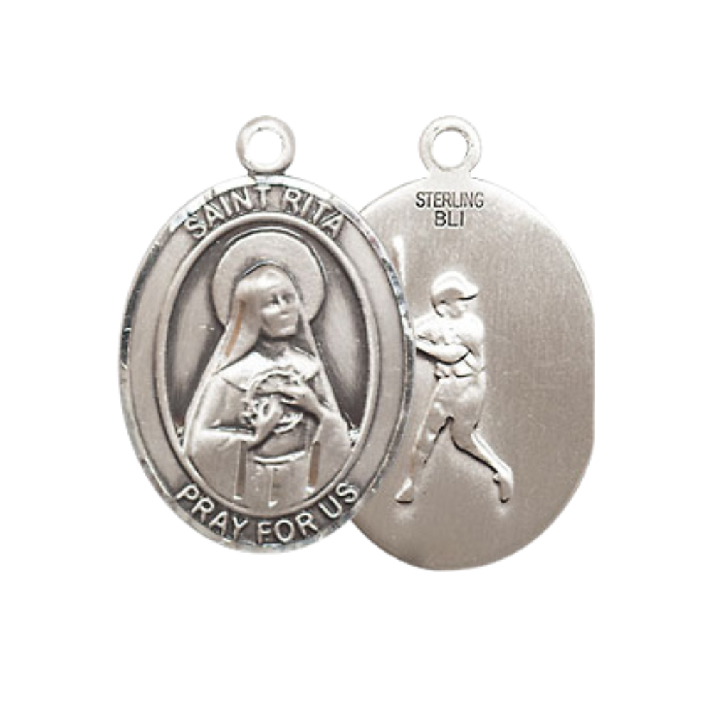 Medium Women's .925 Sterling Silver Saint St. Rita Baseball Pendant Necklace on 18 Inch Rhodium Plated Lite Curb Brass Chain – Patron Saint St. of Loneliness & Lost Causes, Catholic Medal – Velvet Gift Box Included