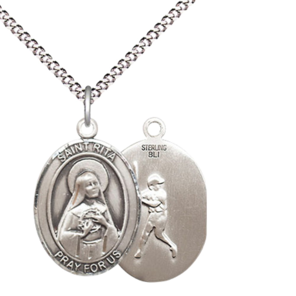 Medium Women's .925 Sterling Silver Saint St. Rita Baseball Pendant Necklace on 18 Inch Rhodium Plated Lite Curb Brass Chain – Patron Saint St. of Loneliness & Lost Causes, Catholic Medal – Velvet Gift Box Included