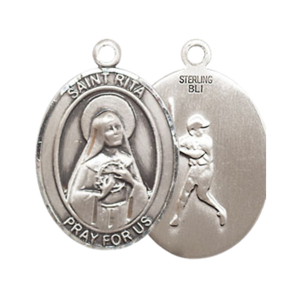 Medium Men's .925 Sterling Silver Saint St. Rita Baseball Medal Pendant on 24 Inch Endless Rhodium Plated Heavy Curb Brass Chain, Catholic Religious Necklace - Made in USA- Deluxe Velvet Gift Box