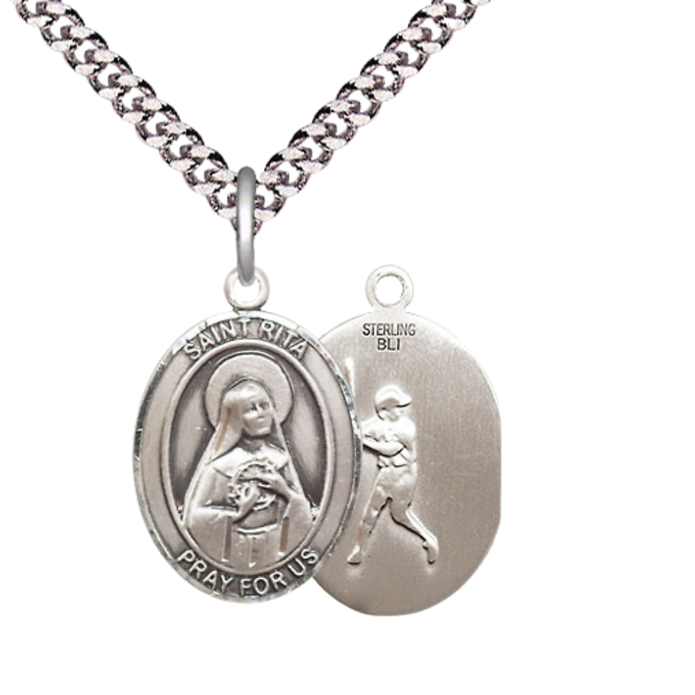 Medium Men's .925 Sterling Silver Saint St. Rita Baseball Medal Pendant on 24 Inch Endless Rhodium Plated Heavy Curb Brass Chain, Catholic Religious Necklace - Made in USA- Deluxe Velvet Gift Box