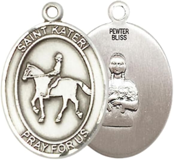 Everlasting Light Jewelry Medium Women's Pewter Saint St. Kateri Equestrian Pendant Necklace on 18- inch Rhodium- Plated Lite Curb Brass Chain – Patron Saint St. of Environment, Catholic Medal – Velvet Gift Box Included