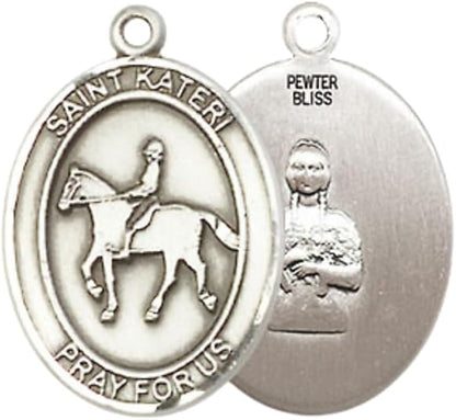Everlasting Light Jewelry Medium Women's Pewter Saint St. Kateri Equestrian Pendant Necklace on 18- inch Rhodium- Plated Lite Curb Brass Chain – Patron Saint St. of Environment, Catholic Medal – Velvet Gift Box Included