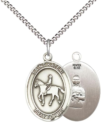 Everlasting Light Jewelry Medium Women's Pewter Saint St. Kateri Equestrian Pendant Necklace on 18- inch Rhodium- Plated Lite Curb Brass Chain – Patron Saint St. of Environment, Catholic Medal – Velvet Gift Box Included
