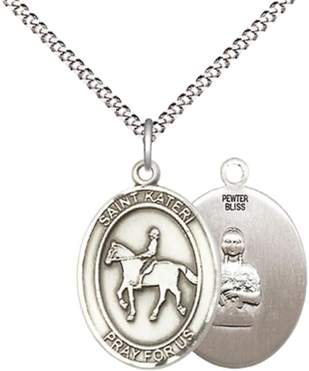 Everlasting Light Jewelry Medium Women's Pewter Saint St. Kateri Equestrian Pendant Necklace on 18- inch Rhodium- Plated Lite Curb Brass Chain – Patron Saint St. of Environment, Catholic Medal – Velvet Gift Box Included