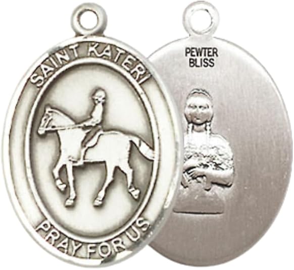 Medium Men's Pewter Saint St.Kateri Equestrian Medal Pendant on 24 Inch Endless Rhodium Plated Heavy Curb Brass Chain, Catholic Religious Necklace -Made in USA- Deluxe Velvet Gift Box
