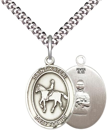 Medium Men's Pewter Saint St.Kateri Equestrian Medal Pendant on 24 Inch Endless Rhodium Plated Heavy Curb Brass Chain, Catholic Religious Necklace -Made in USA- Deluxe Velvet Gift Box