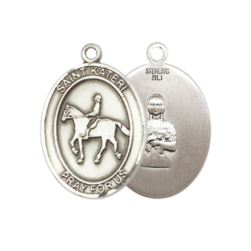 Everlasting Light Jewelry Medium Women's Sterling Silver Saint Kateri Equestrian Pendant Necklace on 18" Rhodium Plated Lite Curb Brass Chain – Patron Saint of Environment – Velvet Gift Box Included