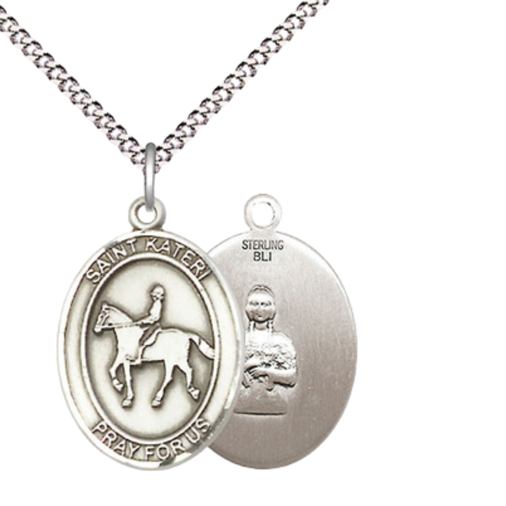 Everlasting Light Jewelry Medium Women's Sterling Silver Saint Kateri Equestrian Pendant Necklace on 18" Rhodium Plated Lite Curb Brass Chain – Patron Saint of Environment – Velvet Gift Box Included