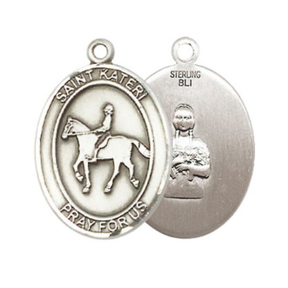 Medium Men's .925 Sterling Silver Saint St. Kateri Equestrian Medal Pendant on 24 Inch Endless Rhodium Plated Heavy Curb Brass Chain, Catholic Religious Necklace - Made in USA- Deluxe Velvet Gift Box