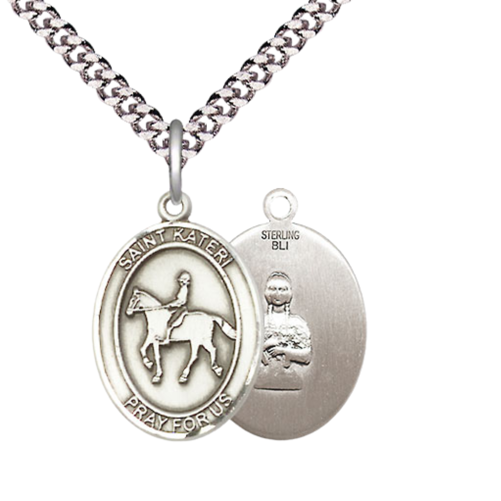 Medium Men's .925 Sterling Silver Saint St. Kateri Equestrian Medal Pendant on 24 Inch Endless Rhodium Plated Heavy Curb Brass Chain, Catholic Religious Necklace - Made in USA- Deluxe Velvet Gift Box