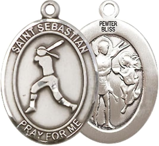 Mens Medium Oval Pewter Saint St. Sebastian Softball Medal Pendant on 24 Inch Rhodium Plated Heavy Curb Brass Chain w/ Lobster Claw Clasp, Catholic Religious Necklace- Made in USA- Velvet Gift Box