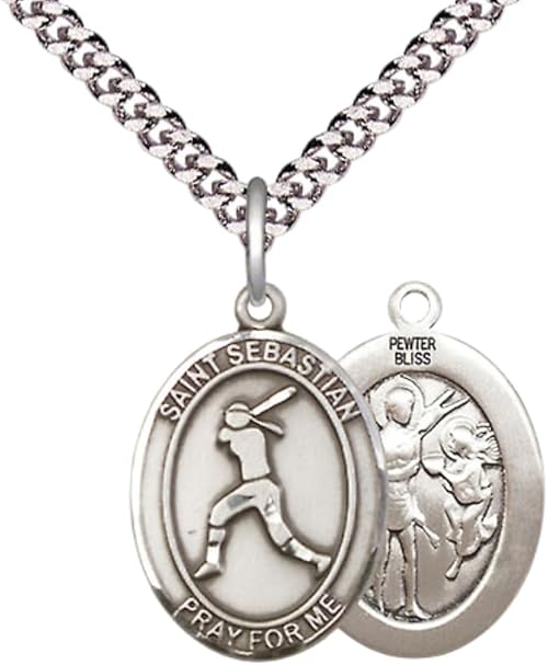 Medium Men's Pewter Saint St. Sebastian Softball Medal Pendant on 24 Inch Endless Rhodium Plated Heavy Curb Brass Chain, Catholic Religious Necklace - Made in USA- Deluxe Velvet Gift Box