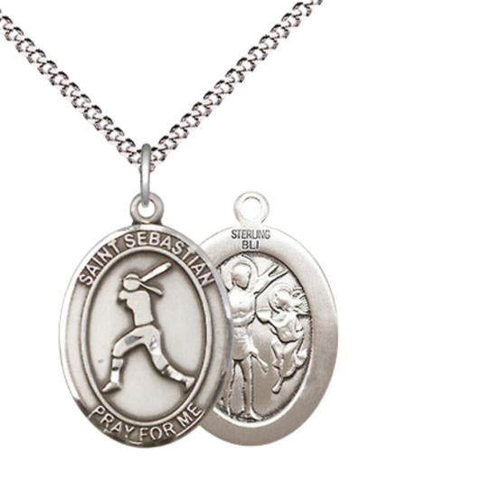 Everlasting Light Jewelry Medium Women's .925 Sterling Silver Saint St. Sebastian Softball Pendant Necklace on 18 Inch Rhodium Plated Lite Curb Brass Chain – Patron Saint St. of Athletes, Catholic Medal – Velvet Gift Box Included