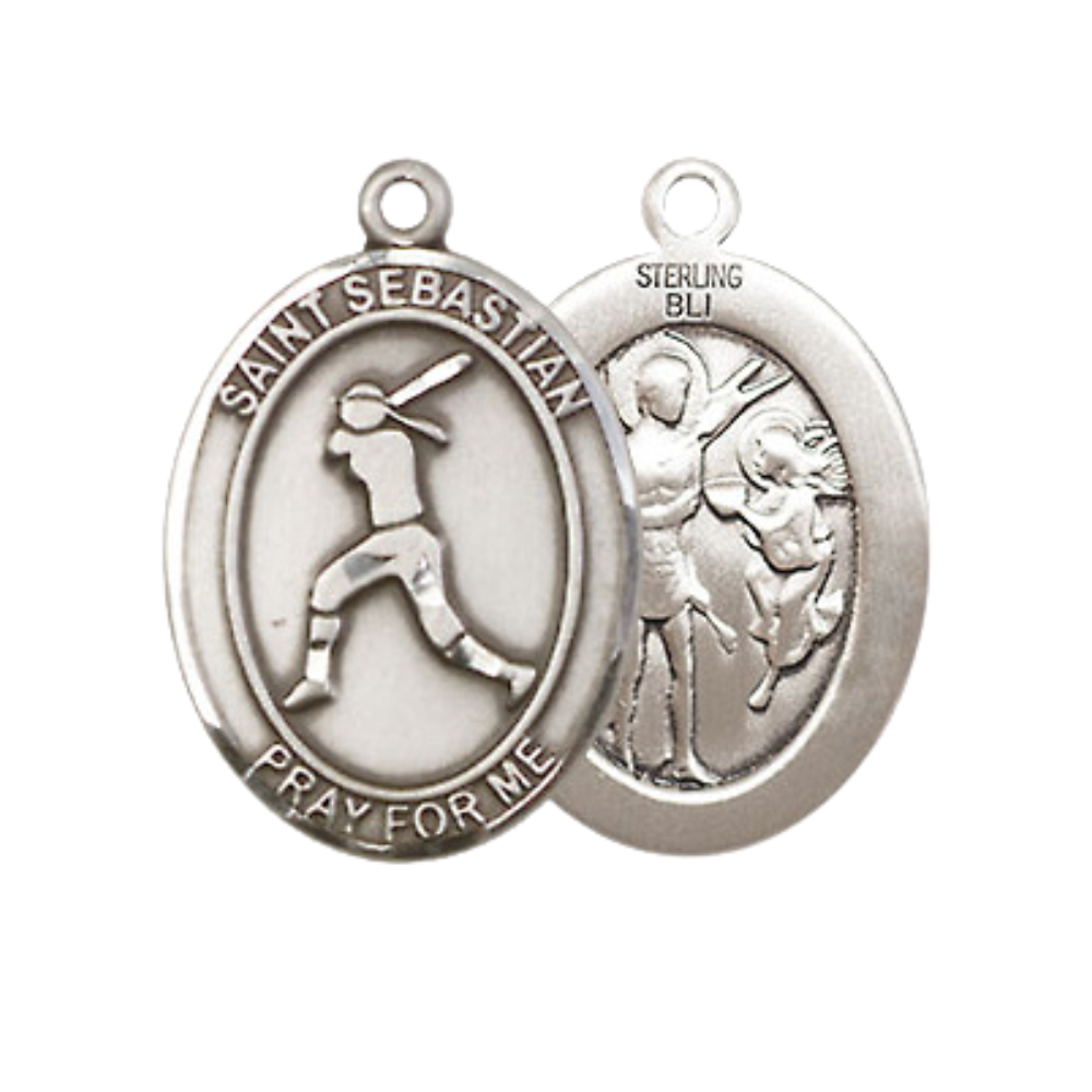 Medium Mens Oval .925 Sterling Silver Saint St. Sebastian Softball Medal Pendant on 24 Inch Rhodium Plated Heavy Curb Brass Chain w/ Lobster Claw Clasp, Catholic Religious Necklace- Made in USA- Velvet Gift Box