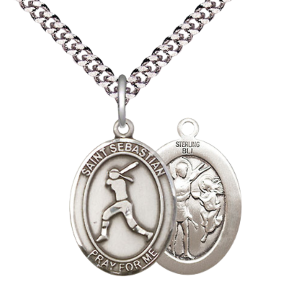 Medium Men's .925 Sterling Silver Saint St. Sebastian Softball Medal Pendant on 24 Inch Endless Rhodium Plated Heavy Curb Brass Chain, Catholic Religious Necklace - Made in USA- Deluxe Velvet Gift Box