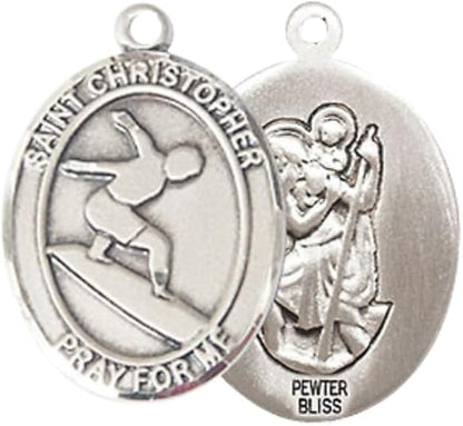 Everlasting Light Jewelry Medium Women's Pewter Saint St. Christopher Surfing Pendant Necklace on 18- inch Rhodium- Plated Lite Curb Brass Chain – Patron Saint St. of Travelers & Motorists, Catholic Medal – Velvet Gift Box Included