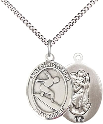 Everlasting Light Jewelry Medium Women's Pewter Saint St. Christopher Surfing Pendant Necklace on 18- inch Rhodium- Plated Lite Curb Brass Chain – Patron Saint St. of Travelers & Motorists, Catholic Medal – Velvet Gift Box Included