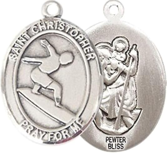 Medium Men's Pewter Saint St. Christopher Surfing Medal Pendant on 24 Inch Endless Rhodium Plated Heavy Curb Brass Chain, Catholic Religious Necklace - Made in USA- Deluxe Velvet Gift Box