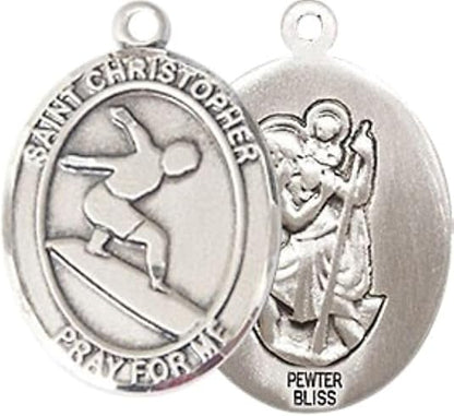 Medium Men's Pewter Saint St. Christopher Surfing Medal Pendant on 24 Inch Endless Rhodium Plated Heavy Curb Brass Chain, Catholic Religious Necklace - Made in USA- Deluxe Velvet Gift Box