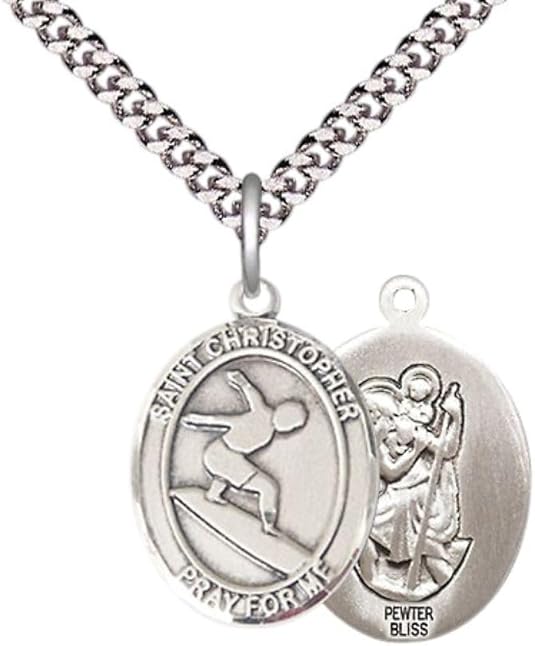Medium Men's Pewter Saint St. Christopher Surfing Medal Pendant on 24 Inch Endless Rhodium Plated Heavy Curb Brass Chain, Catholic Religious Necklace - Made in USA- Deluxe Velvet Gift Box