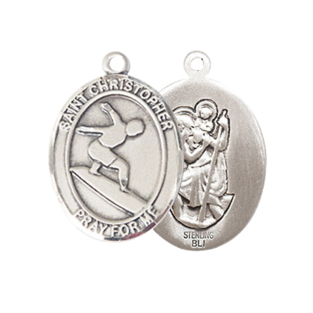 Everlasting Light Jewelry Medium Women's .925 Sterling Silver Saint St. Christopher Surfing Pendant Necklace on 18 Inch Rhodium Plated Lite Curb Brass Chain – Patron Saint St. of Travelers, Catholic Medal – Velvet Gift Box Included