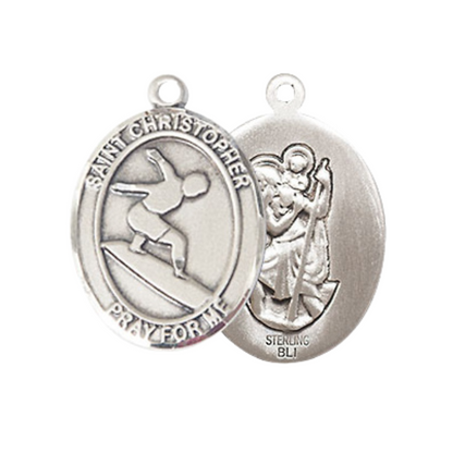 Everlasting Light Jewelry Medium Women's .925 Sterling Silver Saint St. Christopher Surfing Pendant Necklace on 18 Inch Rhodium Plated Lite Curb Brass Chain – Patron Saint St. of Travelers, Catholic Medal – Velvet Gift Box Included