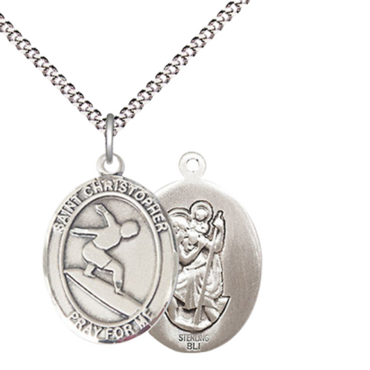 Everlasting Light Jewelry Medium Women's .925 Sterling Silver Saint St. Christopher Surfing Pendant Necklace on 18 Inch Rhodium Plated Lite Curb Brass Chain – Patron Saint St. of Travelers, Catholic Medal – Velvet Gift Box Included