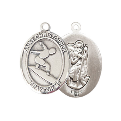 Medium Men's .925 Sterling Silver Saint St. Christopher Surfing Medal Pendant on 24 Inch Endless Rhodium Plated Heavy Curb Chain, Catholic Religious Necklace - Made in USA- Deluxe Velvet Gift Box