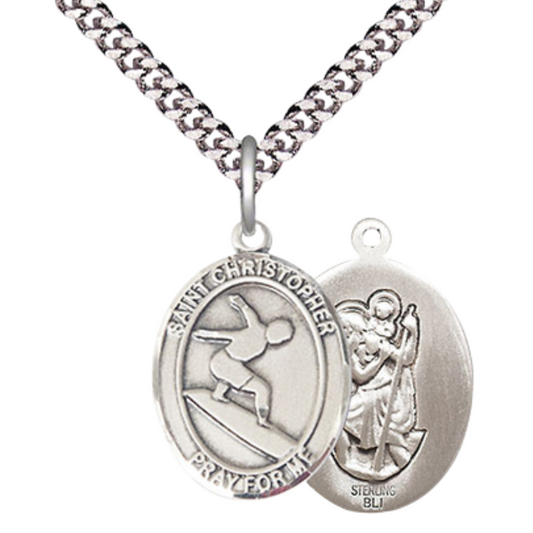 Medium Men's .925 Sterling Silver Saint St. Christopher Surfing Medal Pendant on 24 Inch Endless Rhodium Plated Heavy Curb Chain, Catholic Religious Necklace - Made in USA- Deluxe Velvet Gift Box