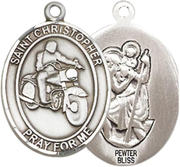 Everlasting Light Jewelry Medium Women's Pewter Saint St. Christopher Motorcycle Pendant Necklace on 18- inch Rhodium- Plated Lite Curb Brass Chain, Catholic Medal - Patron Saint. of Travelers & Motorists – Gift Box